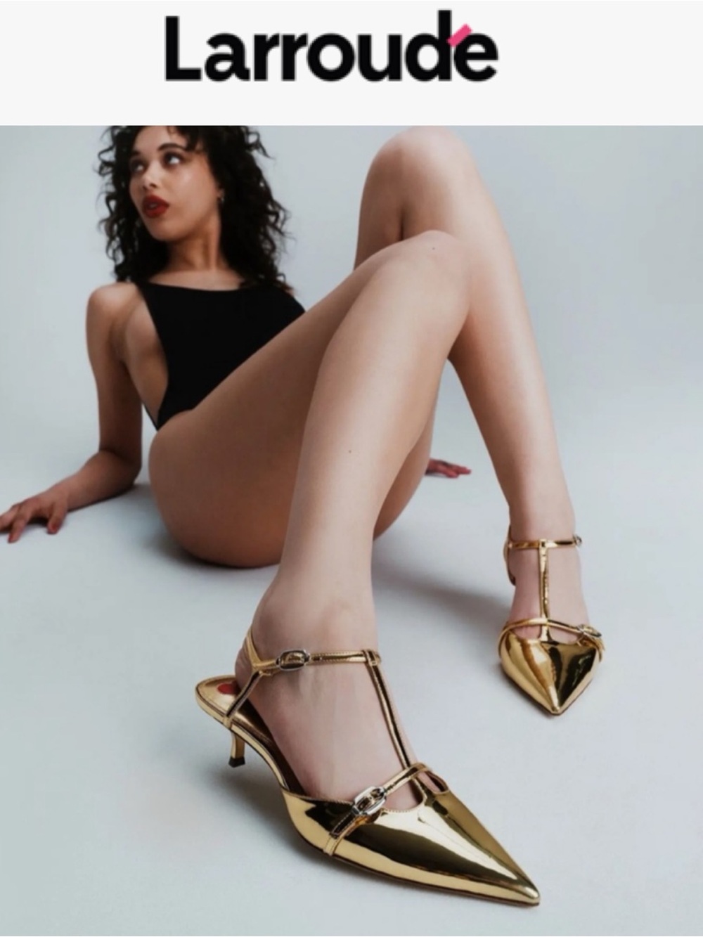 LARROUDE GRACE GOLD SPECCHIO MIRROR KITTEN HEELS POINTED TOE W/BOX SIZE 6.5